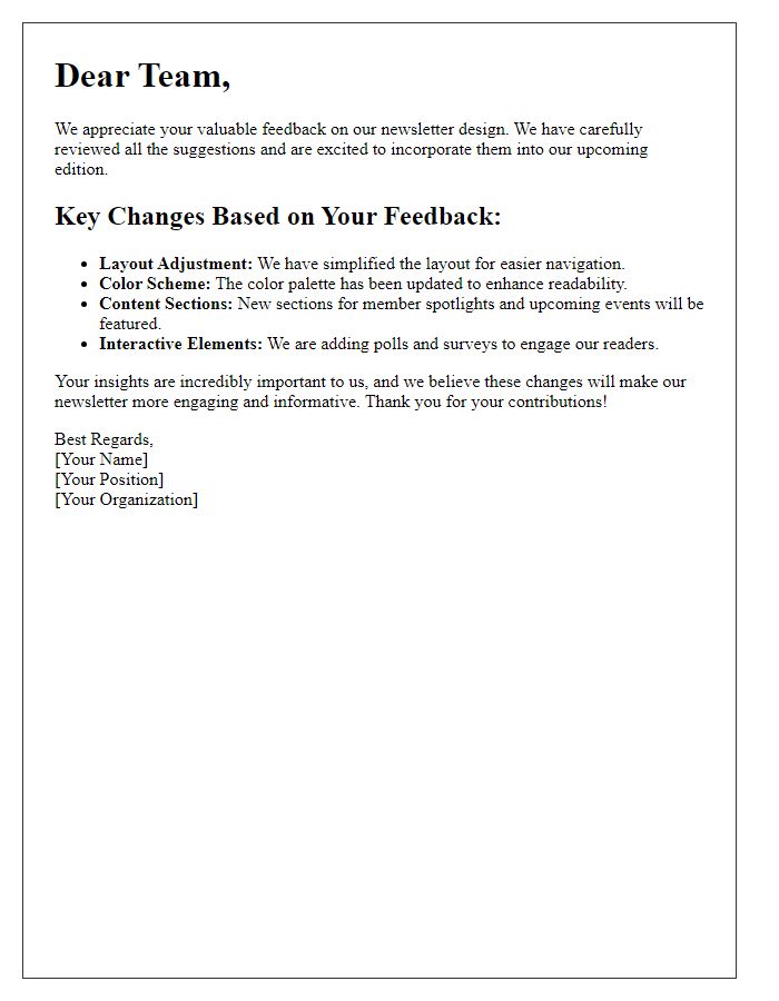 Letter template of feedback incorporation in newsletter design