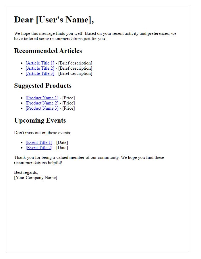 Letter template of user-specific recommendations in newsletters