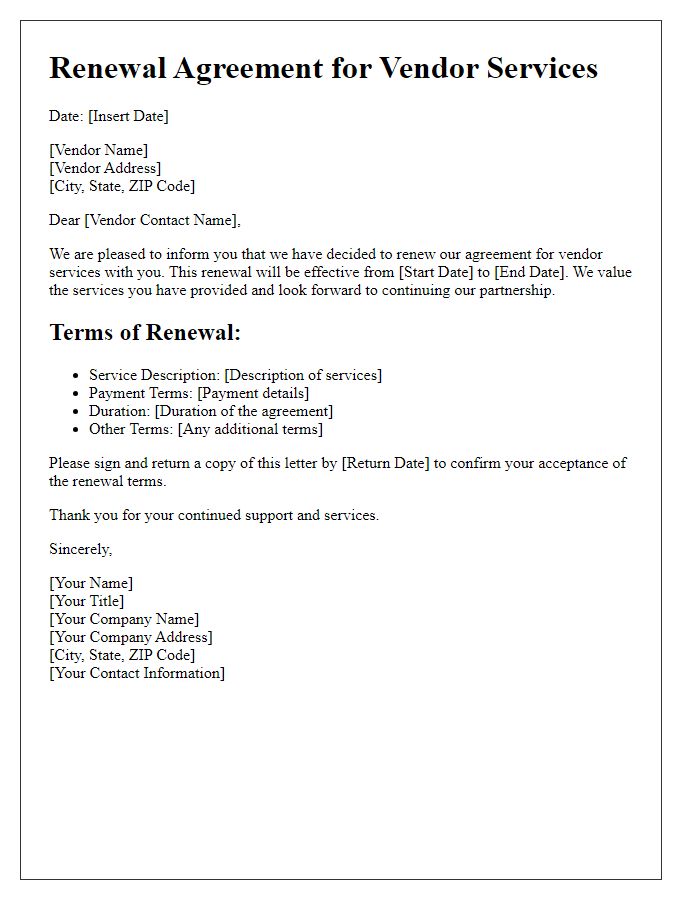 Letter template of Renewal Agreement for Vendor Services