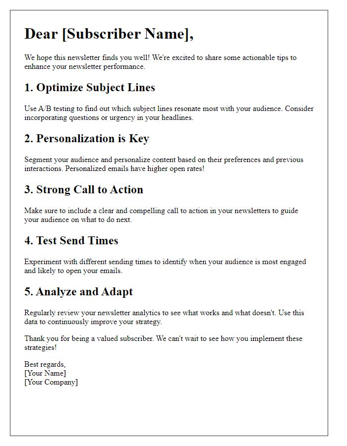 Letter template of actionable newsletter performance boosts