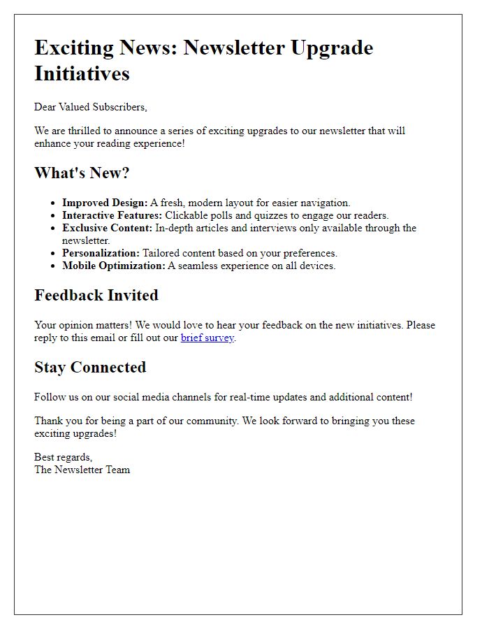 Letter template of detailed newsletter upgrade initiatives