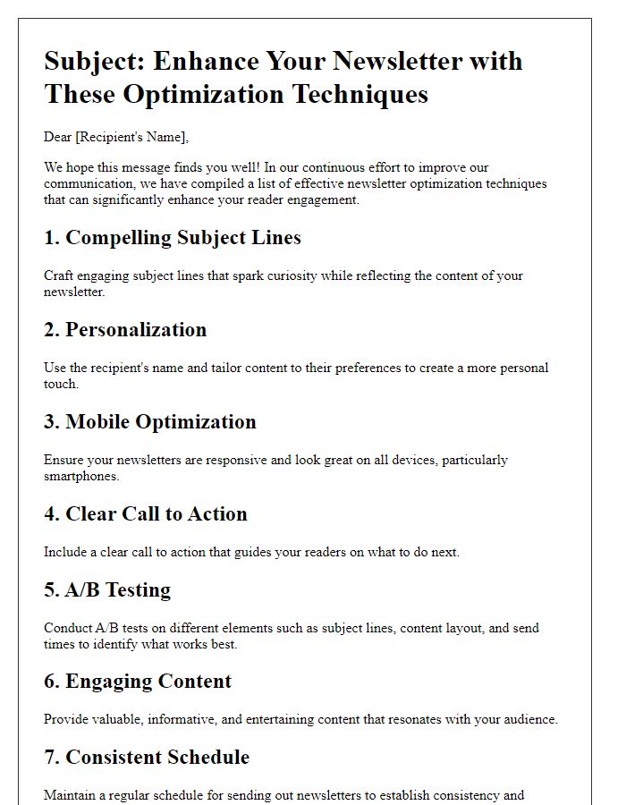 Letter template of effective newsletter optimization techniques