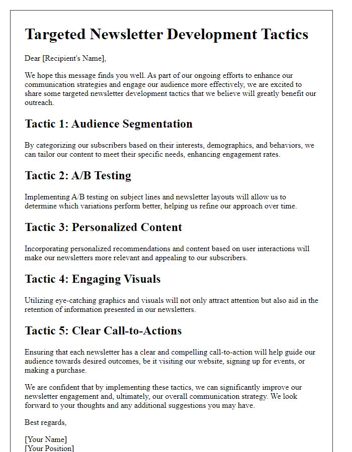 Letter template of targeted newsletter development tactics