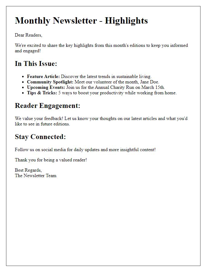 Letter template of informative newsletter highlights for reader retention