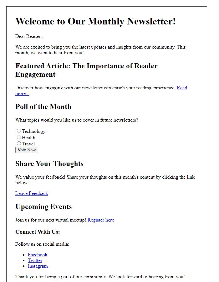 Letter template of interactive newsletter formats for promoting reader participation