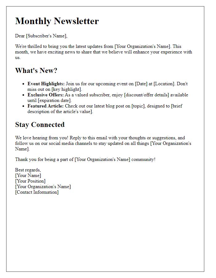 Letter template of personalized newsletter updates for enhancing reader connections