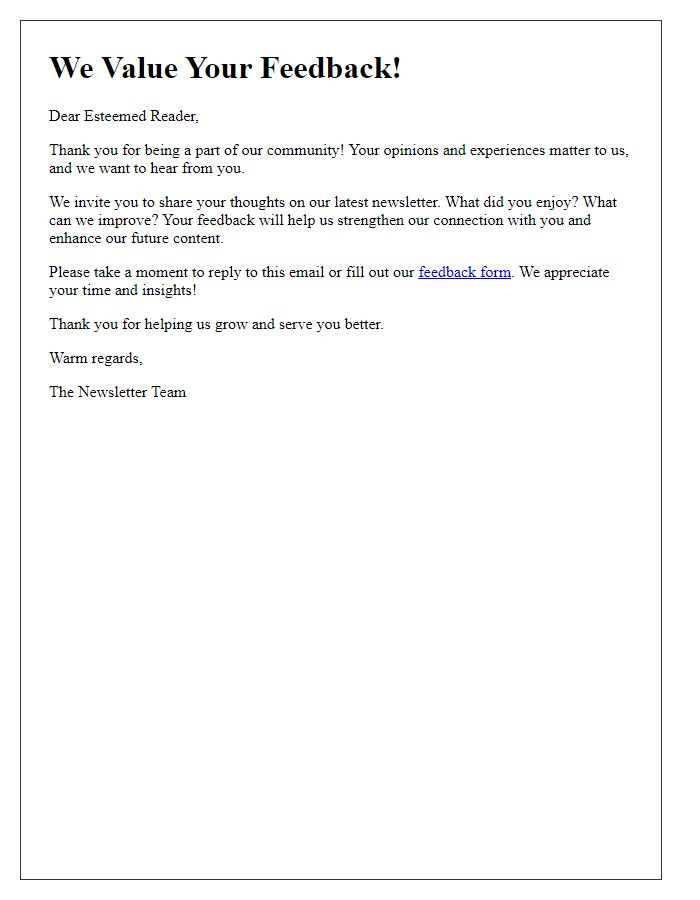 Letter template of reader feedback invitations in newsletters for strengthening bonds