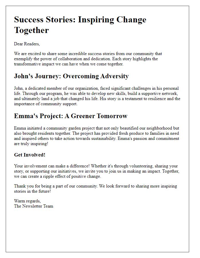 Letter template of success stories in newsletters for inspiring reader involvement