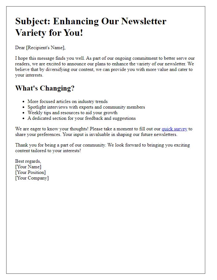 Letter template of enhancing newsletter variety to better serve audience needs