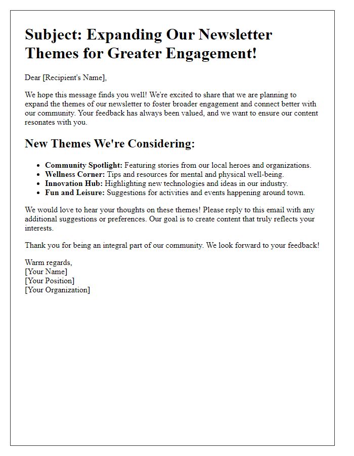 Letter template of expanding newsletter themes for broader engagement