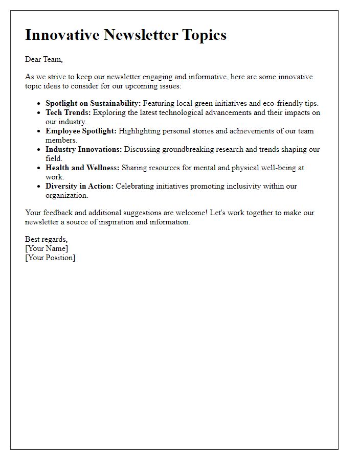 Letter template of innovating newsletter topics to inspire and inform