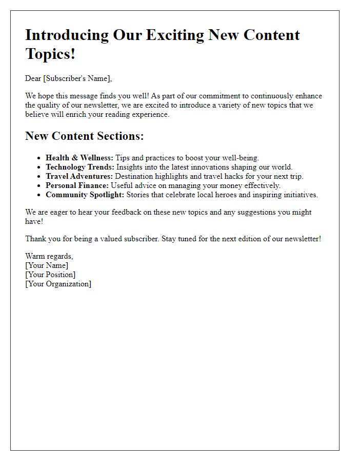 Letter template of introducing varied content topics for newsletter enhancement