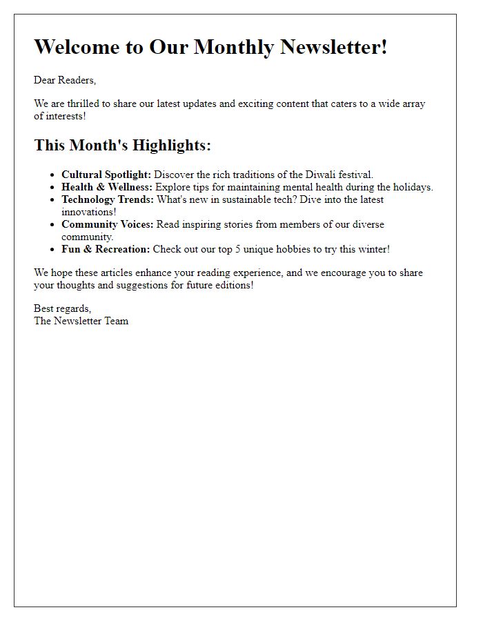 Letter template of refreshing newsletter subject matter to attract diverse readers