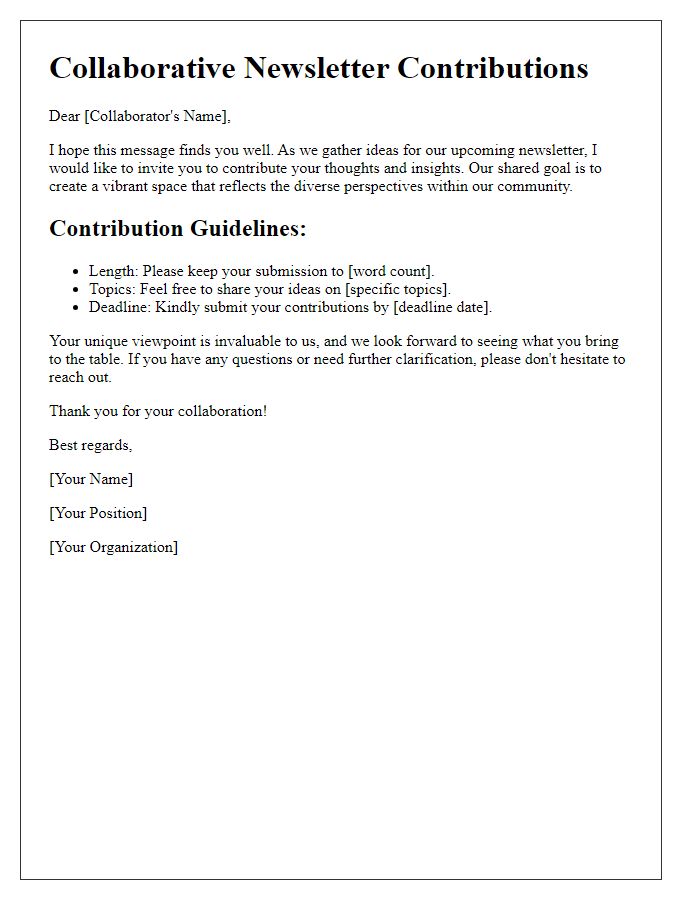 Letter template of collaborative newsletter contributions for shared ideas.