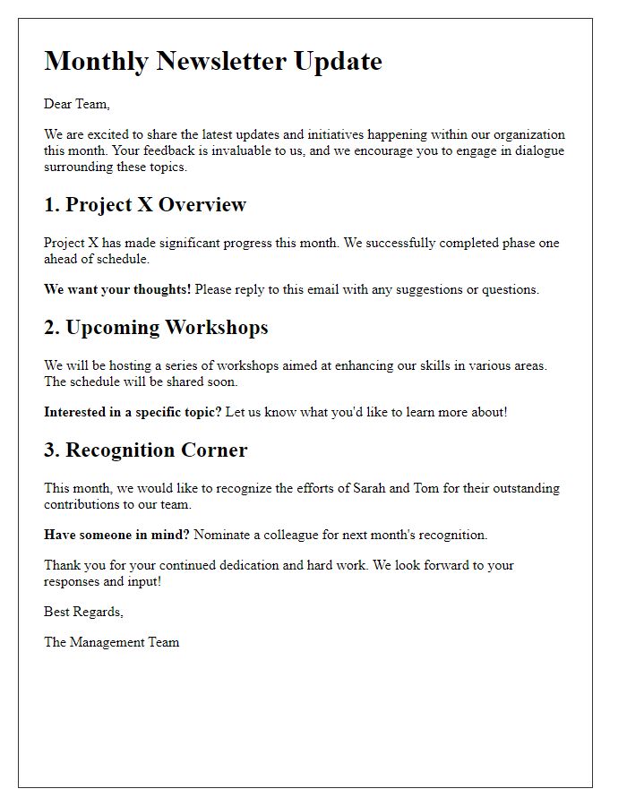 Letter template of informative newsletter updates to encourage dialogue.