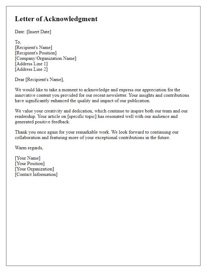 Letter template of acknowledgement for innovative newsletter content