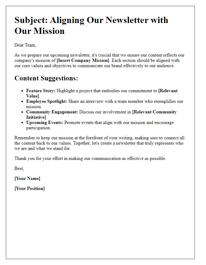 Letter template of aligning newsletter content with company mission.