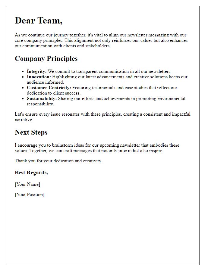 Letter template of connecting company principles to newsletter messaging.