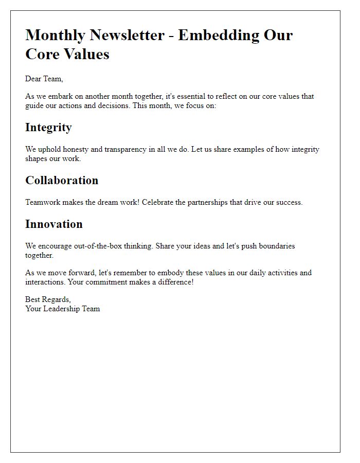 Letter template of embedding core values in newsletter announcements.