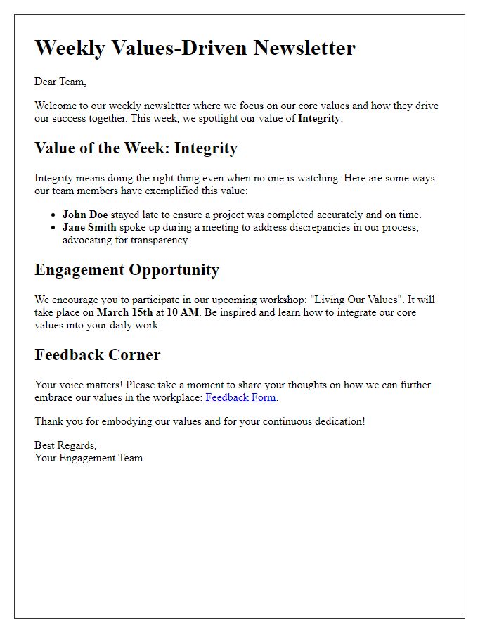 Letter template of fostering employee engagement through values-driven newsletters.