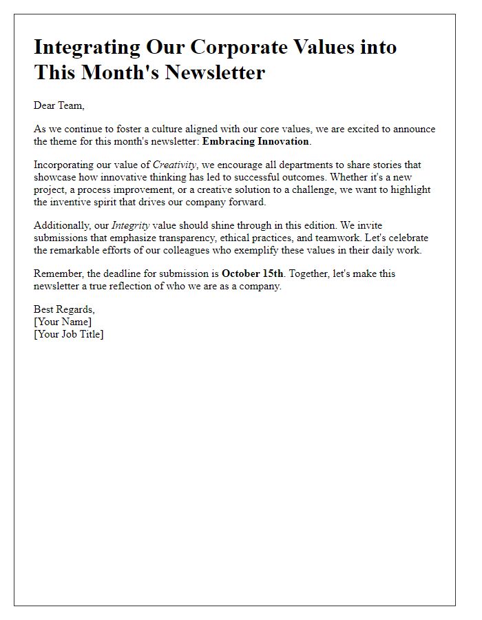 Letter template of integrating corporate values into newsletter themes.