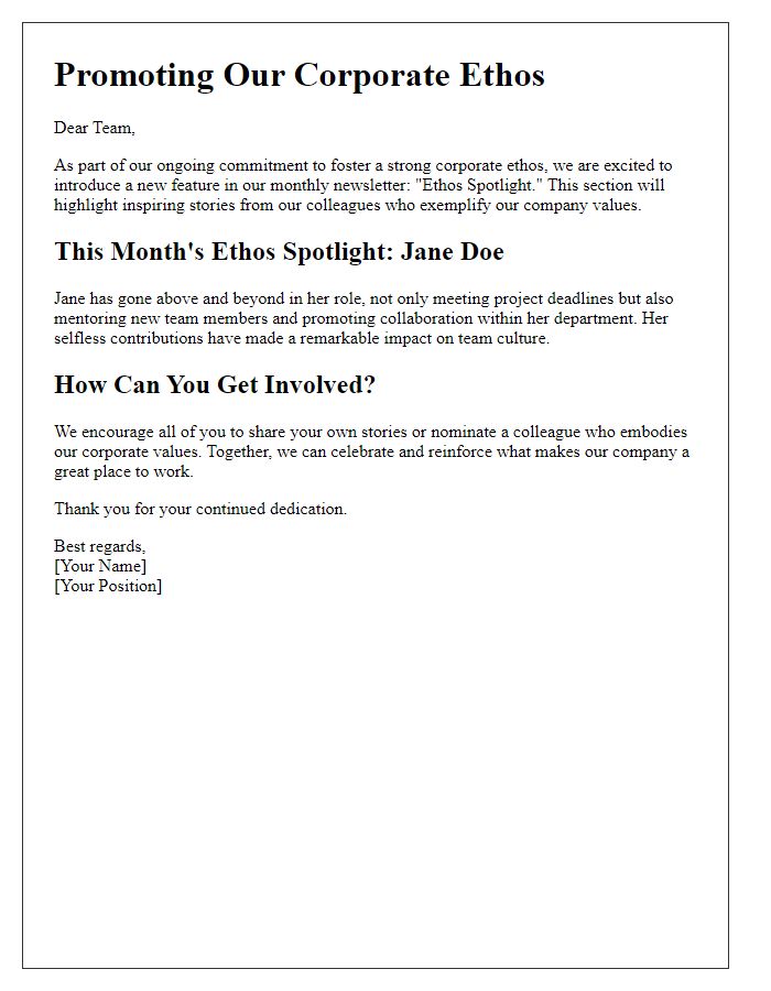 Letter template of promoting corporate ethos through newsletter stories.