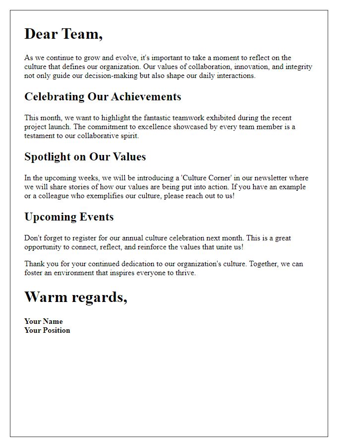 Letter template of reflecting organizational culture in newsletter editions.