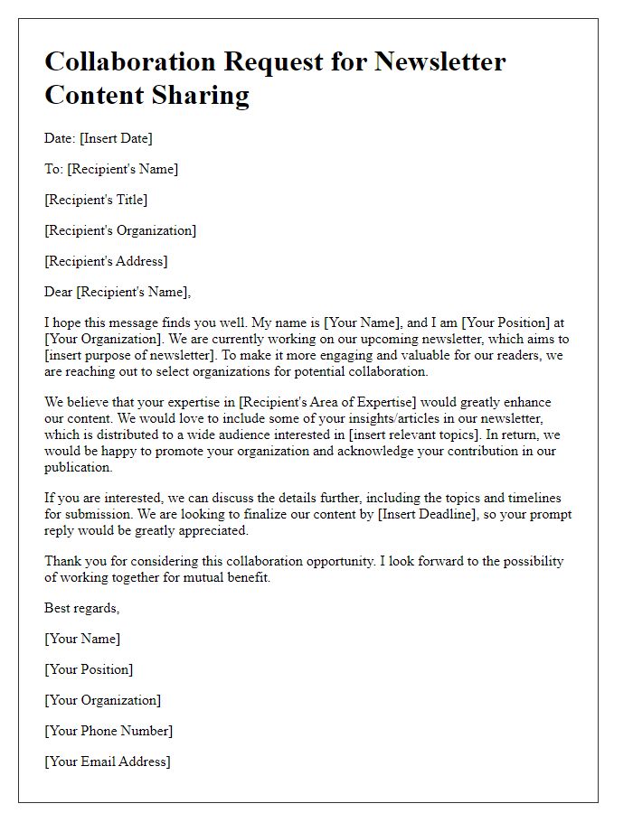 Letter template of collaboration requests for newsletter content sharing