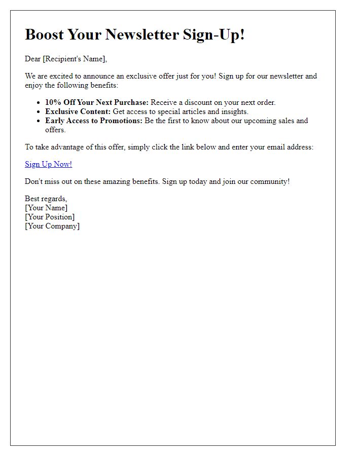 Letter template of incentive offers for boosting newsletter sign-ups