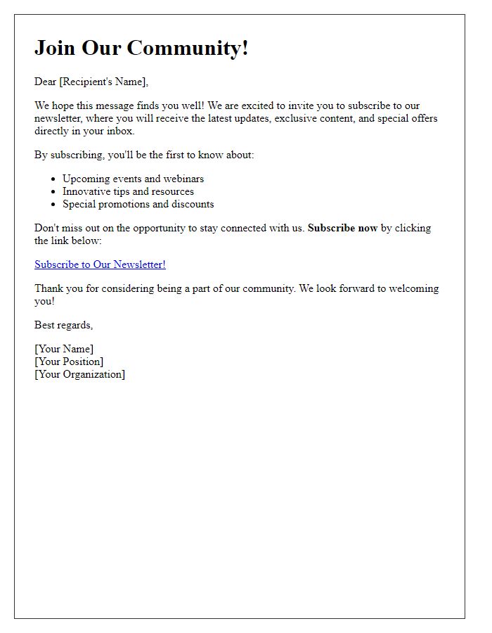Letter template of outreach for increasing newsletter subscriptions