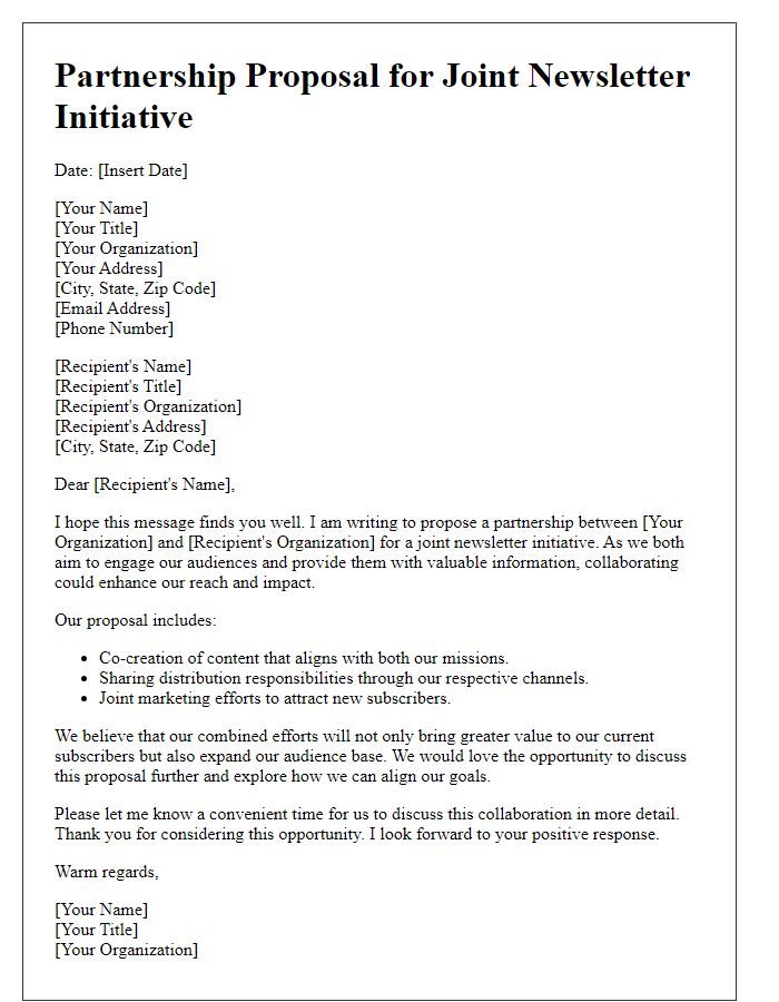 Letter template of partnership proposals for joint newsletter initiatives