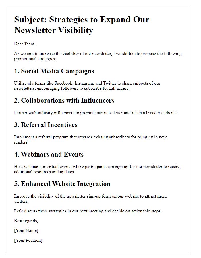 Letter template of promotional strategies for expanding newsletter visibility