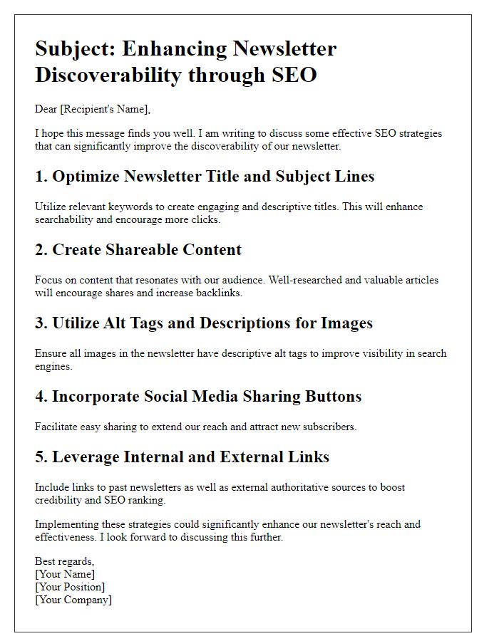 Letter template of SEO strategies for improving newsletter discoverability