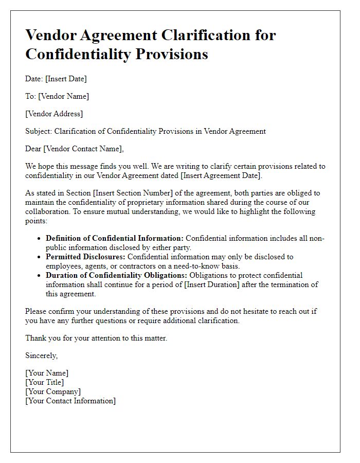 Letter template of Vendor Agreement Clarification for Confidentiality Provisions