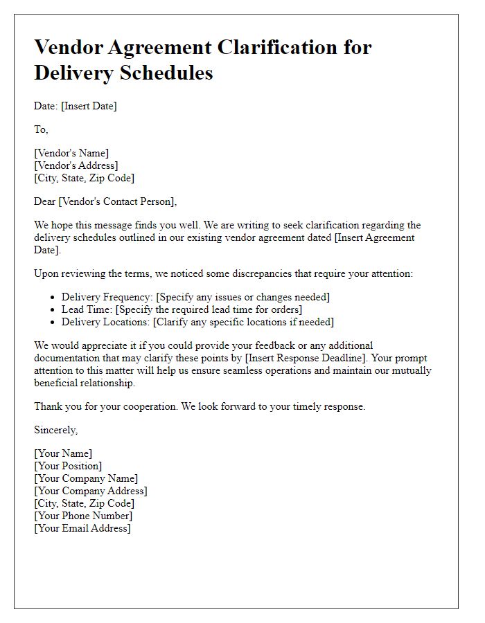 Letter template of Vendor Agreement Clarification for Delivery Schedules