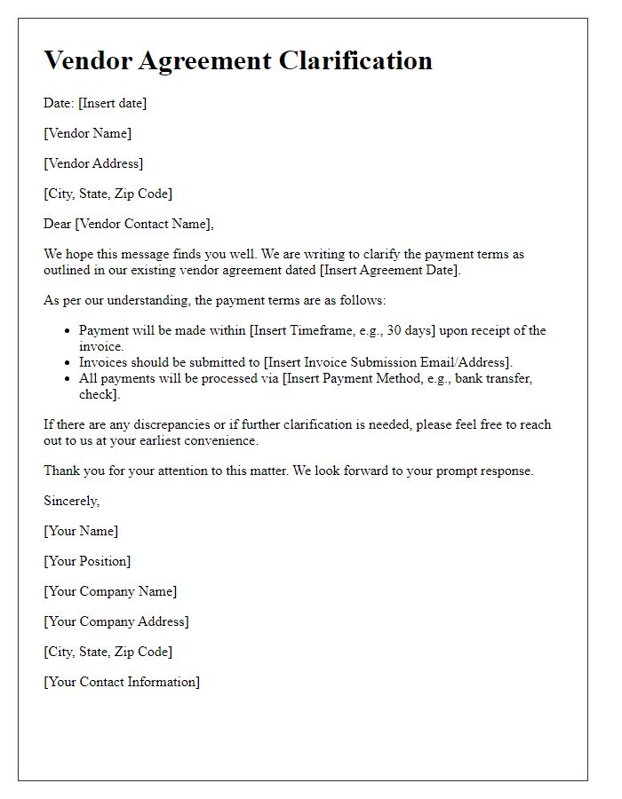 Letter template of Vendor Agreement Clarification for Payment Terms