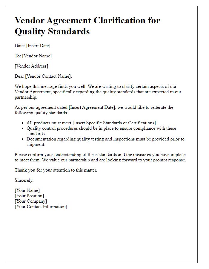 Letter template of Vendor Agreement Clarification for Quality Standards