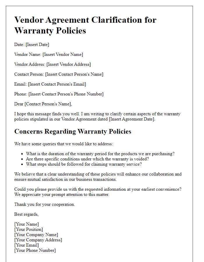 Letter template of Vendor Agreement Clarification for Warranty Policies