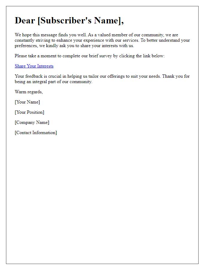 Letter template of assessing subscriber interests