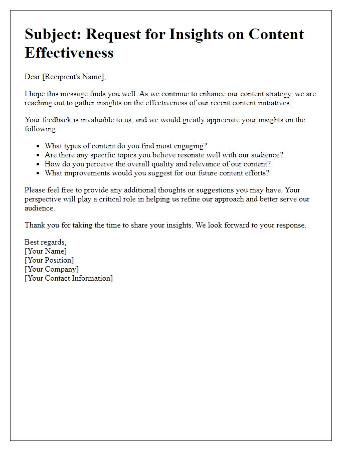 Letter template of gathering insights on content effectiveness