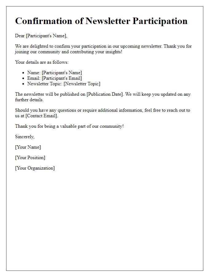 Letter template of Confirmation for Newsletter Participation