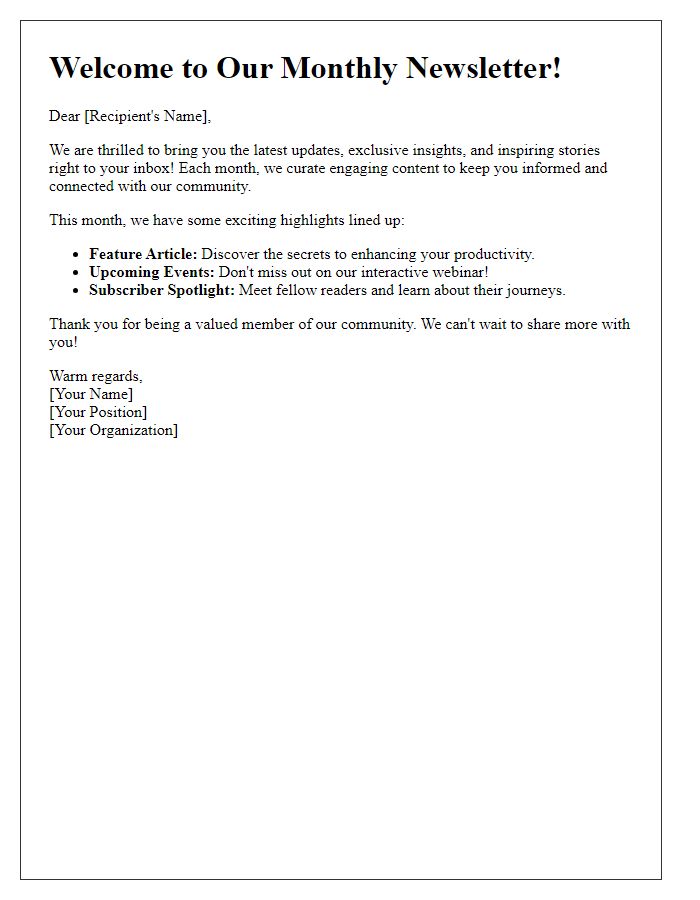 Letter template of a captivating newsletter introduction for audience engagement