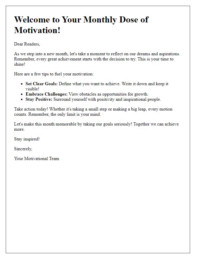 Letter template of a motivational newsletter message to inspire audience action