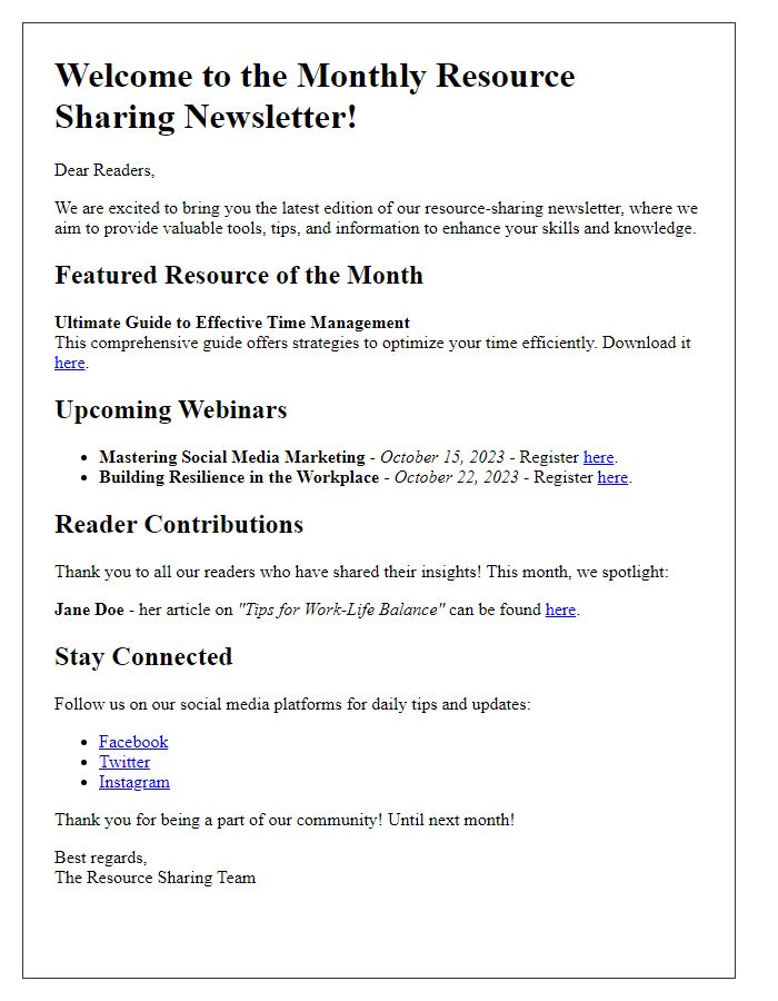 Letter template of a resource-sharing newsletter to provide value to readers