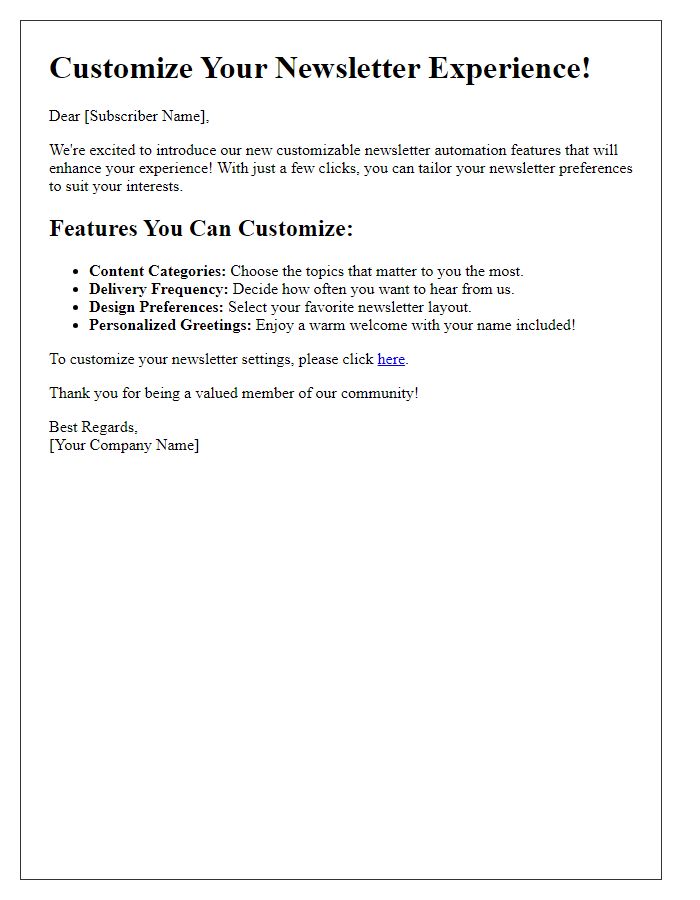 Letter template of customizable newsletter automation features