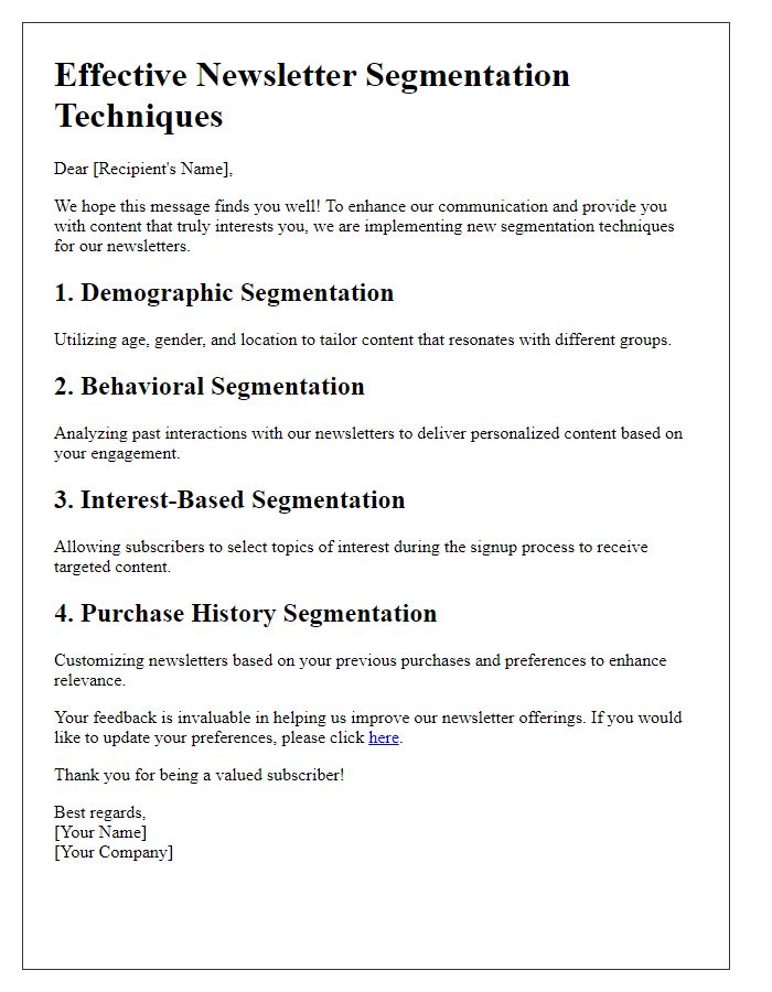 Letter template of effective newsletter segmentation techniques