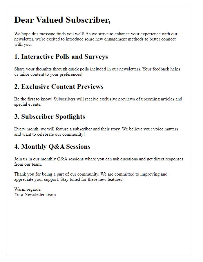 Letter template of enhanced newsletter subscriber engagement methods