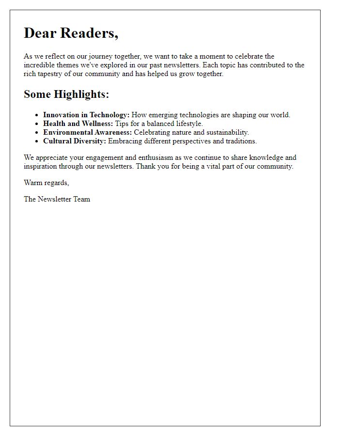 Letter template of celebrating past newsletter themes.