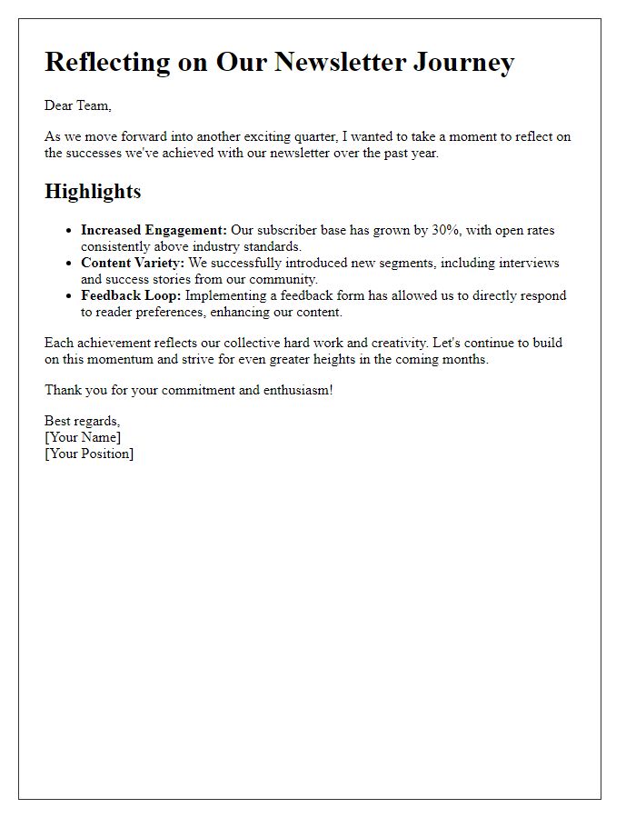 Letter template of looking back at past newsletter successes.