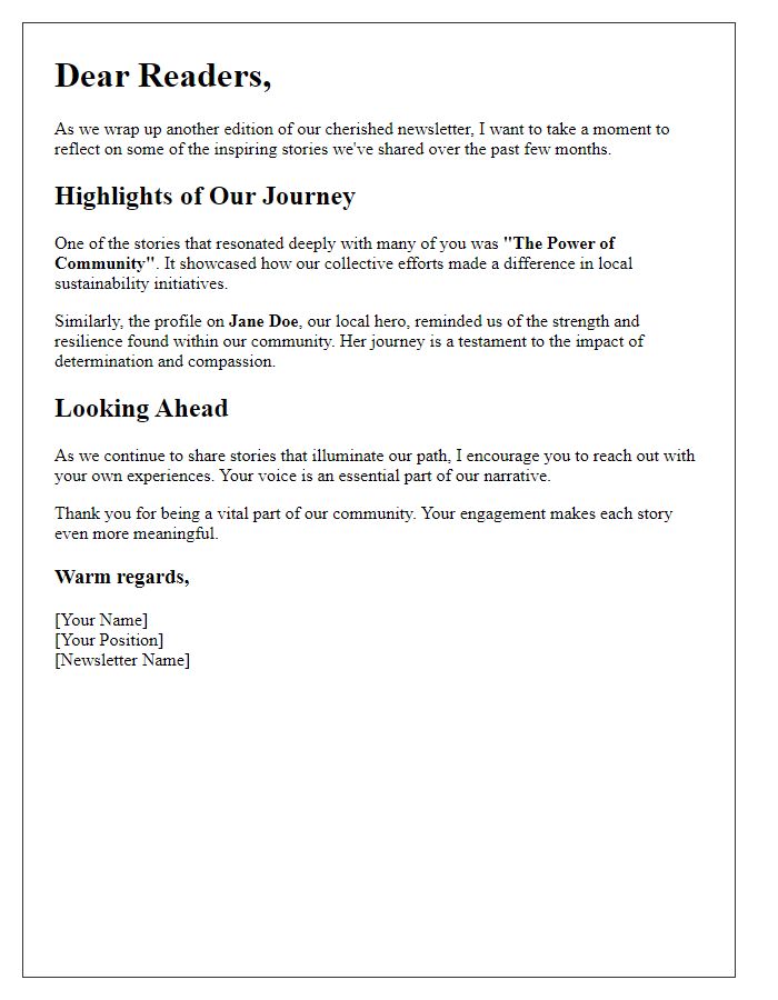 Letter template of reflecting on cherished newsletter stories.